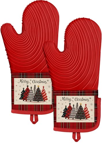 Slohif Long Silicone Oven Mitts Heat Resistant for Women - 2 Pcs Christmas Tree 100% Cotton Oven Gloves, Non-Slip and Waterproof Silicone Oven Mitts with Hanger for Baking and Cooking - color: Red