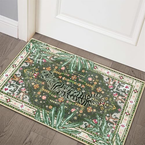Oriental Tropical Entryway Rugs Washable, Greyish Green Boho Vintage Distressed Hippie 2x3 Throw Rugs for Bathroom Kitchen Entryway Indoor Non-Slip Abstract Botanical Tribal Accent Carpet - color: Greyish Green, size: 2' x 3'