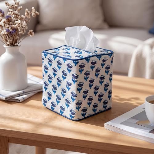 Blue Fabric Tissue Box Cover - Floral Print Tissue Box & Decorative Square Napkin Holder Handmade Cotton for Home Bedroom Vanity Countertop Night Stands Office (Dark Blue) - style: Dark Blue