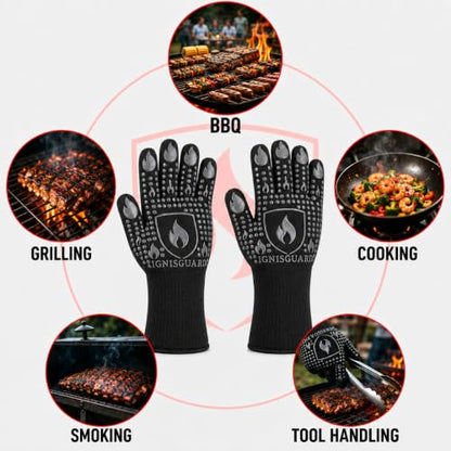 IGNISGUARD® BBQ Gloves, Heat Resistant Grill Gloves, 1 Pair, Gray (L) | EN407:2020 tested with textured silicone grip, three-layer construction and long knit cuff for added wrist coverage. - color: Gray, size: Large