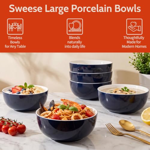 Sweese 24 oz Ceramic Cereal Bowl Set of 4, 6" Breakfast Bowl Stackable, Round Serving Bowl for Rice, Snack, Fruit and Everyday Meals, Navy Blue - color: Navy, size: 24 Ounce (Set of 4)