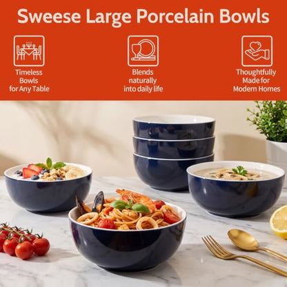 Sweese Ceramic Soup Bowl Set of 4, 29 oz Round Pasta Bowl Stackable Serving Bowl for Salad, Soup, Ramen, Fruit and Family Meals, Navy - color: Navy, size: 28 Ounce (Set of 4)