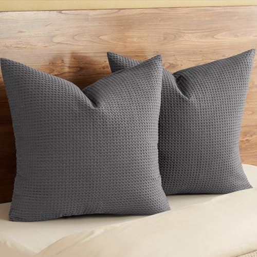 PHF 100% Cotton Waffle Weave Throw Pillow Cover, 24" x 24", No Filling, 2 Pack Elegant Home Decorative Square Throw Pillow Covers for Bed Couch Sofa, Charcoal Grey - color: Charcoal Grey, size: 24" x 24" (Pack of 2)