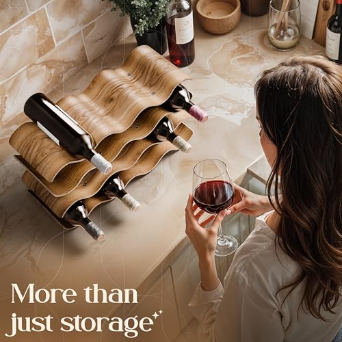 Wooden Wine Rack 14 Bottles Countertop | Freestanding Natural Wood Bottle Holder | Modern, Decorative & Space-Saving | Slim & Compact Design | 4 Tiers (16,9 x 14,6, x 6,2 in) - size: 14 Bottles