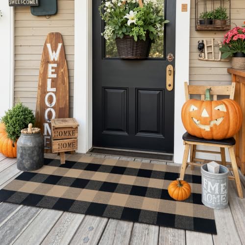KIMODE Front Door Mat Outside Entrance Fall Front Porch Rug Welcome Decor | Black and Tan,Checkered Farmhouse, 24"x51", Fall Decor, Cotton Woven,Washable,Reversible,Layered Doormats for Door Outside - color: Black/Brown, size: 2' x 4'3" (Rectangular)
