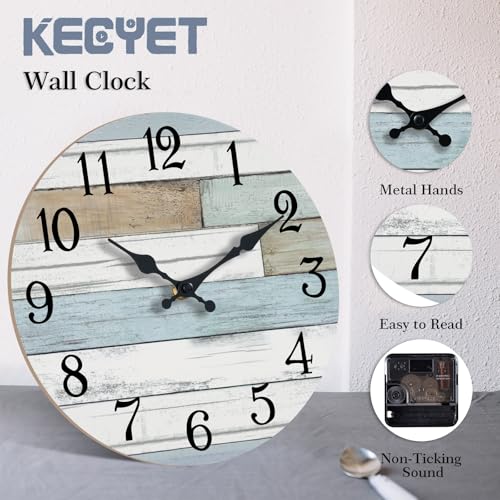 KECYET 16 Inch Large Wall Clock Battery Operated Silent Non Ticking Coastal | Round analog clock; large easy-read dial for bathroom, kitchen, bedroom & living room; 1 AA battery (not included) - color: Blue, size: 16"