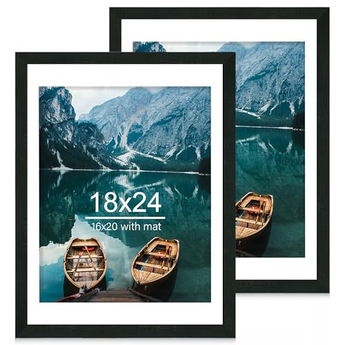 Hongkee 18x24 Frame Set of 2, Rustic Black Wood Style - Display 18 x 24 Poster without Mat or 16x20 Picture with Mat, Wall Mounting Horizontal and Vertical - color: Rustic Black, size: 18x24 in