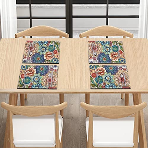 4 PCS Washable Tablemats for Home Farmhouse Beach, Easy to Clean Foldable Heat Resistant PVC Weave Rectangle Table Mats, Blooming Flower Blue - color: Blooming Flower Blue, size: Set of 4