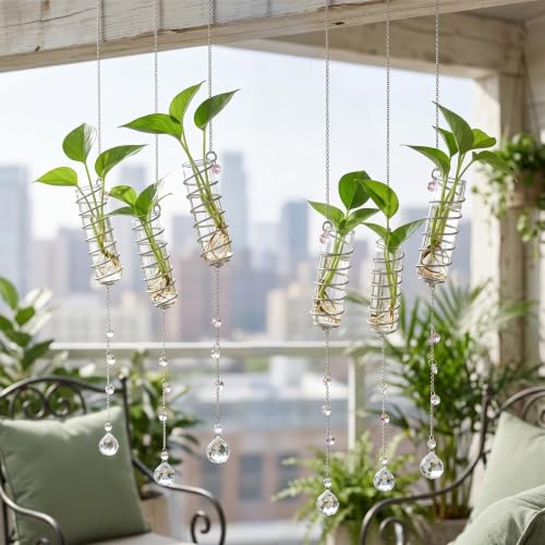 6Pcs Hanging Plant Propagation Station with Crystal Ball Prisms Suncatcher | Window Hanging Propagation Station and Cleaning Brush, Glass Plant Suncatcher for Indoor Wall Gifts for Plants Lovers(Silver) - color: Silver
