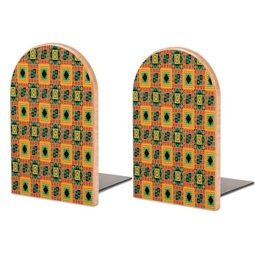 Personalized Wood Book Ends Metal Base Colorful Geometric Tiles Printing Bookend Modern Heavy Duty Bookends for Home Or Office 1 Pair - color: Colorful Geometric Tiles