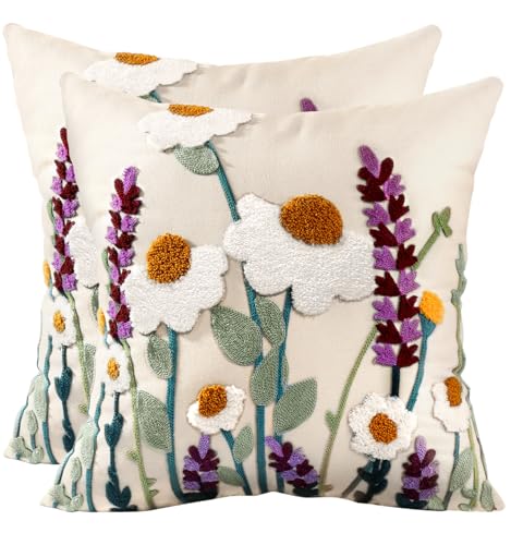 Embroidered Throw Pillow Covers 18x18 Inch - Set of 2 Summer Decorative Pillow Covers with Zipper Aesthetic Cute Design Throw Pillowcases for Couch Sofa Bed, Wild Floral - color: Wild Floral