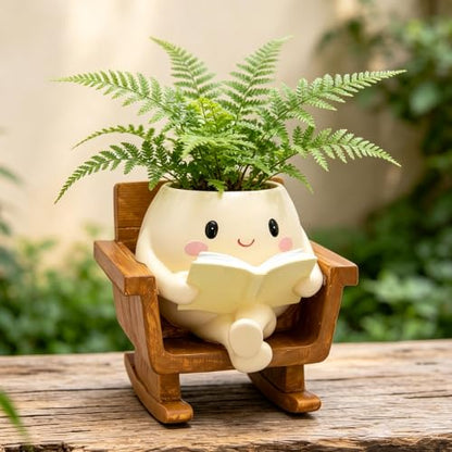 Cute Rocking Chair Smiley Face Planter Pot for Indoor Outdoor | Unique Book Garden Plant Pots with Drainage, Funny Succulent Flower Pot Decorative, Mother Gifts for Birthday, Christmas