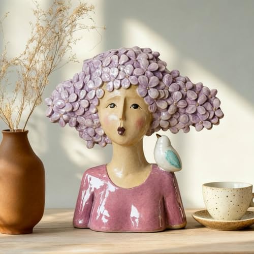 DiliComing Women-Head Statues for Home Decor 11 Inch Modern Art Statue | Garden Decor, Resin Bust Sculptures with Bird, For Coffee Tabletop Living Room Office, Garden Gift - color: Women & Bird Purple