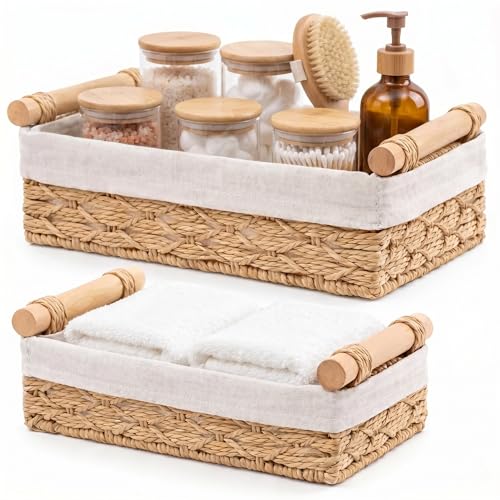 Paper Rope Bathroom Baskets Set of 2, Wooden Handles | Toilet Tank Baskets for Organizing, Bathroom Storage Baskets with Liner, Toilet Paper Basket Farmhouse Décor - color: Khaki