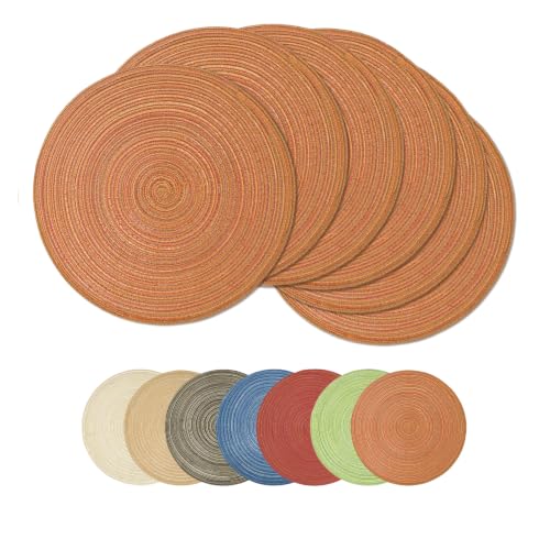 Artoid Mode Orange Cotton Polyester Braided Placemats Set of 6, 14 Inch Washable Non-Slip Woven Round Table Mats for Party Kitchen Dining Decor - color: Orange, size: 14", Round 6 Pcs