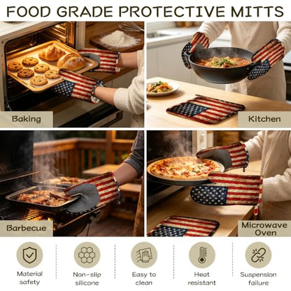 Retro USA Flag Oven Mitts and Pot Holders Set of 4, Heat Resistant Non Slip Kitchen Gloves Hot Pads, Chef Cooking Baking Gifts for Women Bakers, Kitchen Gifts for Cooking Lover Cooks Mom - color: Retro Usa Flag