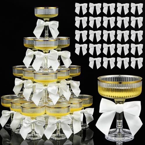 Set of 24 Plastic Champagne Coupe Glasses with Bow 7 oz Gold Champagne Tower Set Stackable Acrylic Ribbed Martini Glasses Cocktail Coupe Cup for Wedding Birthday Party Bar(Ribbon,White) - color: White, style: Ribbon