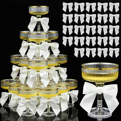 Set of 24 Plastic Champagne Coupe Glasses with Bow 7 oz Gold Champagne Tower Set Stackable Acrylic Ribbed Martini Glasses Cocktail Coupe Cup for Wedding Birthday Party Bar(Ribbon,White) - color: White, style: Ribbon