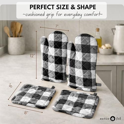 Native Fab Buffalo Plaid Check Oven Mitts and Pot Holders Set of 4, 100% Cotton Heat Resistant Kitchen Gloves, 2 Oven Mitts (7x13), 2 Pot Holders (8x8) for Cooking & Baking, Black White - color: Buffalo, Black