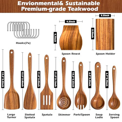 Natural Teak Kitchen Cooking Utensil Set with Holder, Wooden Spoons for Cooking, 10PCS Cooking Spatulas Set with Spoon Rest, Wooden Utensil Set for Nonstick Cookware Sturdy & Lightweight
