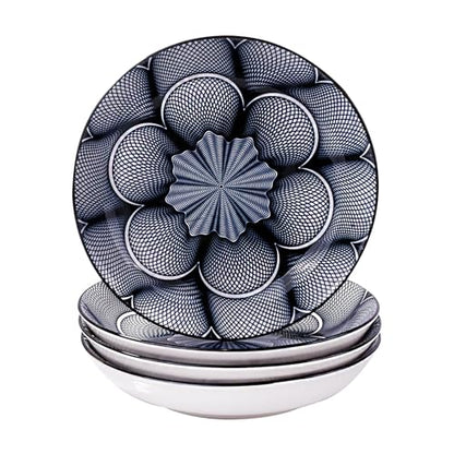 4-Piece Ceramic Salad Plate Set, 8-Inch Round Dinner Plates with Black & White Geometric Flower Motif, Modern Serving Dish with Black Rim, Microwave & Dishwasher Safe, Stackable Plates for Pasta - color: Black and White Floral Pattern
