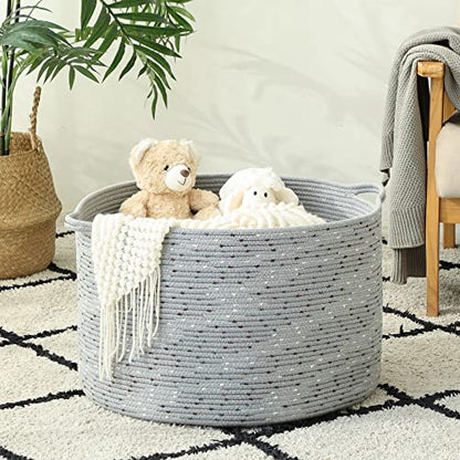 KAKAMAY Large Blanket Basket (20"x13"),Woven Baskets for storage Baby Laundry Hamper, Cotton Rope Blanket Basket for Living Room, Laundry, Nursery, Pillows, Grey with Blue & Brown Dotted | Extra Large Capacity | Natural Cotton Rope | Blanket Storage | Wov