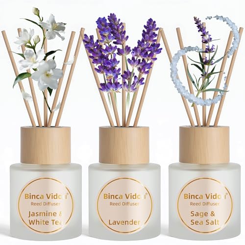 Reed Diffuser Set of 3, Binca Vidou Lavender, Jasmine & White Tea, Sage & Sea Salt Natural Scent Oil Diffusers with Sticks for Home Office Bathroom Aromatherapy Decor 1.69oz x 3 - color: Lavender, Jasmine & White Tea, Sage & Sea Salt