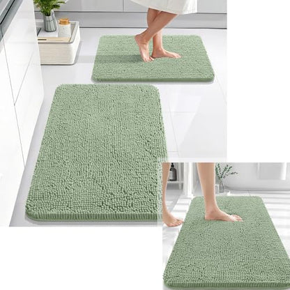 OLANLY Chenille Bath Mat and Bathroom Rugs Sets 2 Piece, Bath Mat Size 36x24 and Bathroom Rugs Sets Size 30x20+24x16 in Sage Green, 3 Item Bundle