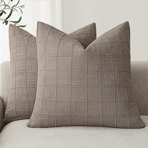 Foindtower Set of 2 Decorative Linen Check Throw Pillow Covers Neutral Farmhouse Vintage Cushion Covers Modern Boho Home Decor for Sofa Chair Couch Bedroom Living Room,16×16 Inch,Tan Taupe - color: Savannah Tan, size: 16" x 16" (Pack of 2)