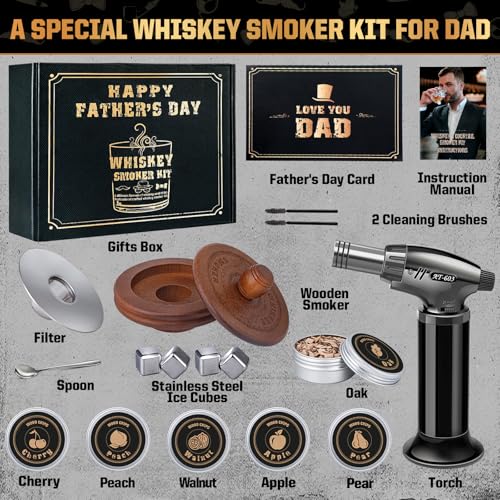 Whiskey Smoker Kit with Torch- 6 Wood Chip Flavors, 4 stainless steel ice cubes - Cocktail Smoker Infuser Kit for Bourbon & Old Fashioned, Birthday Whiskey Gifts for Men, Dad(No Butane, No Glass)