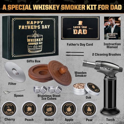 Whiskey Smoker Kit with Torch- 6 Wood Chip Flavors, 4 stainless steel ice cubes - Cocktail Smoker Infuser Kit for Bourbon & Old Fashioned, Birthday Whiskey Gifts for Men, Dad(No Butane, No Glass)