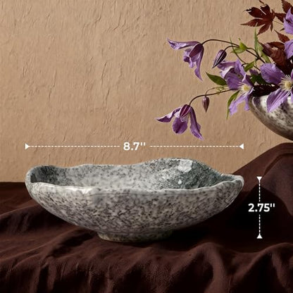 DOWAN 9.5" Wabi-Sabi Decorative Bowl, Irregular Moss Green Glazed Ceramic Catchall Bowl for Keys and Wallet, Stone Texture Centerpiece Table Bowl for Entryway, Living Room & Coffee Table Decor