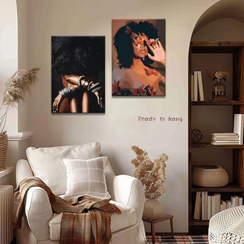 Framed Modern Abstract African American Women Wall Art (Set of 2), Canvas HD Print, Bohemian Black Girl with Energetic Butterfly Decor, Black Inspirational Contemplative Poster, Meditation Inspirational & Trendy Prints, Living Room, Bedroom, Bathroom, Off