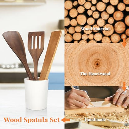 MORGLES 3Pcs Acacia Wood Spatula Set, Non-Scratch 12" Cooking Turner | Acacia wood, non-scratch for nonstick/cast iron, 3-pc w/ scraper, 12" ergo handle, flips/stirs/scrapes, gift - color: Acacia Dark Brown
