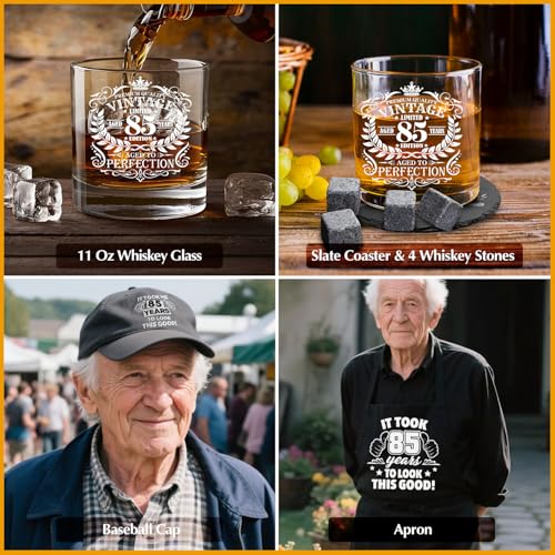 85th Birthday Gifts for Men Whiskey Glass Set, 85th Birthday Party Supplies with 11 Oz Whiskey Glass Coaster Stone Baseball Cap Apron Sock Toilet Paper Keychain for Him, Dad, Husband, Friends - style: 85th Birthday