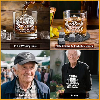 85th Birthday Gifts for Men Whiskey Glass Set, 85th Birthday Party Supplies with 11 Oz Whiskey Glass Coaster Stone Baseball Cap Apron Sock Toilet Paper Keychain for Him, Dad, Husband, Friends - style: 85th Birthday