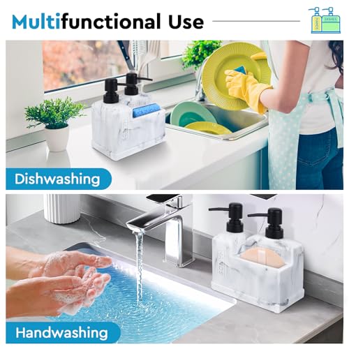 Kitchen Hand Soap and Dish Soap Dispenser Set,Dual Soap Dispenser with Sponge Holder 3-in-1 Organizer for Kitchen Sink,Bathroom,Useful Kitchen Gadgets - White Marble Look - color: 3 in 1 - White Marble Look