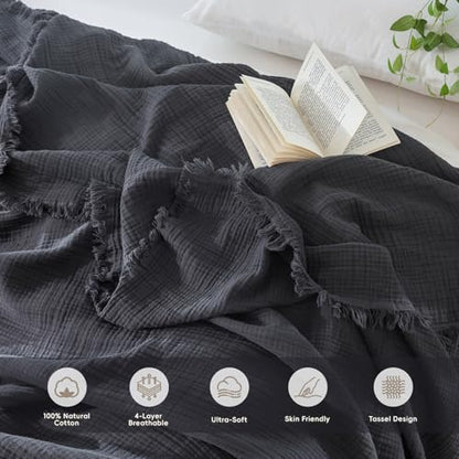 MooMee 100% Cotton Muslin Blanket Fringed 4-Layer Gauze Bed Throw, Queen | Soft Breathable Lightweight Thin Coverlet Summer Blankets for Adults, Bed & Couch All Seasons, Dark Grey, 90" x 90" - color: Dark Grey, size: Queen