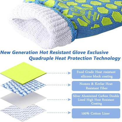 J H Heat Resistant Oven Glove: EN407 Certified 932 °F BBQ & Oven Mitts for Grlling, Baking, Kitchen, Camping,Fireplace Indoor&Outdoor 1 Pair - color: Sky-blue Shell With Yellow Silicone Coating
