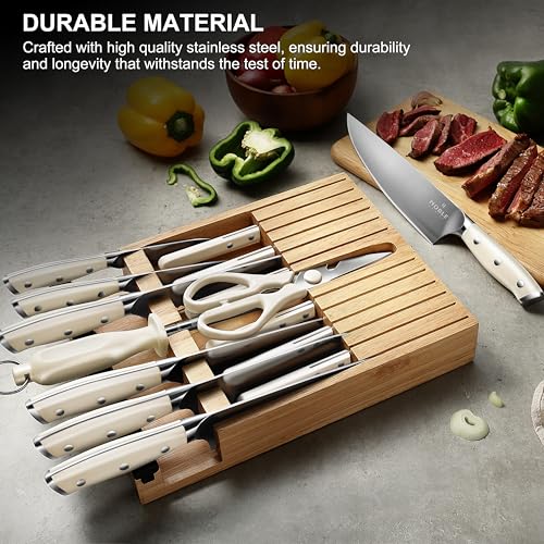 N NOBLE FAMILY In-drawer Knife Block Set, 16PCS Kitchen Knife Set with Wooden Block, Chopping Knives Set, Stainless Steel Knife Block Set, Sharp Cooking Knife Set with Cutting Board, Rust Proof, White - color: White