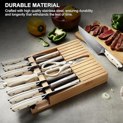 N NOBLE FAMILY In-drawer Knife Block Set, 16PCS Kitchen Knife Set with Wooden Block, Chopping Knives Set, Stainless Steel Knife Block Set, Sharp Cooking Knife Set with Cutting Board, Rust Proof, White - color: White