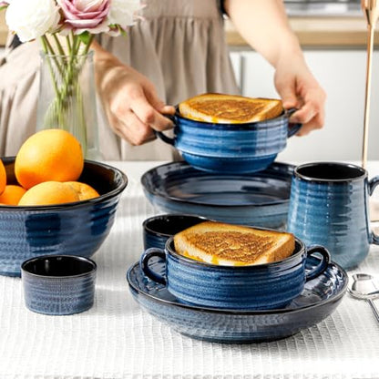 HASENSE French Onion Soup Bowls with Handles, 20 Oz Ceramic Soup Bowls Set of 6, Stackable Serving Bowls for Chili, Stew & Pot Pies, Microwave Dishwasher Safe, Blue Farmhouse Kitchenware - color: Blue, size: Set of 6