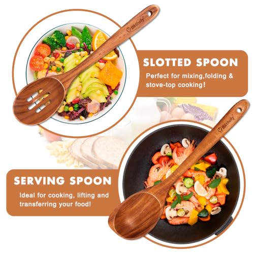 Large Wooden Cooking Spoon Set, 2Pack Natural Teak Wood Spoons for Cooking, Non-Stick Slotted and Corner Serving Spoon with Long Handle, Heat-Resistant Wooden Spatula Spoons for Kitchen Needs