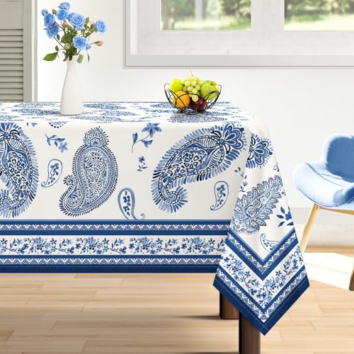Blue Paisley Tablecloth Waterproof, French Country Floral Table Cloth Rectangle Stain Resistant, Washable Table Cover for Home Kitchen Dining Party Decoration (60×120 Inch) - color: Blue, size: 120" x 60" (Rectangular)