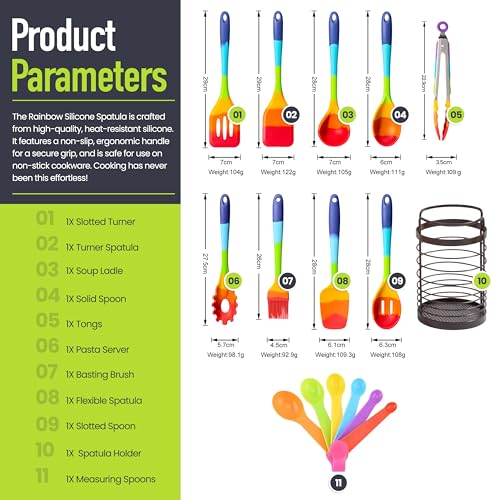 11-Piece Rainbow Silicone Spatula Bundle with Holder & Measuring Spoons – Multicolor Heat-Resistant Cooking Utensils for Nonstick Cookware – Flexible Turner, Spoon, Spatula, Brush, FDA Safe