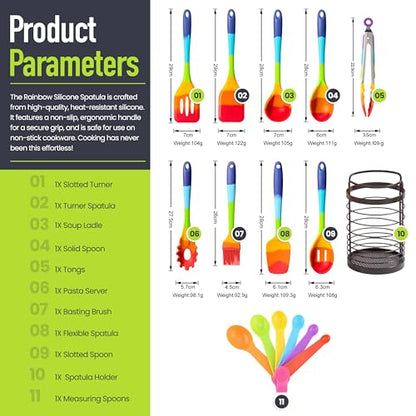 11-Piece Rainbow Silicone Spatula Bundle with Holder & Measuring Spoons – Multicolor Heat-Resistant Cooking Utensils for Nonstick Cookware – Flexible Turner, Spoon, Spatula, Brush, FDA Safe
