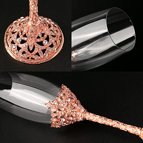 Champagne Flutes - Crystal Glass Metal Base With Crystal Stones, Set of 2 Toasting Flute Pair, Wedding Anniversary Party Birthday Banquets and Gifts for Bride and Groom (Rose Gold) - color: Rose Gold