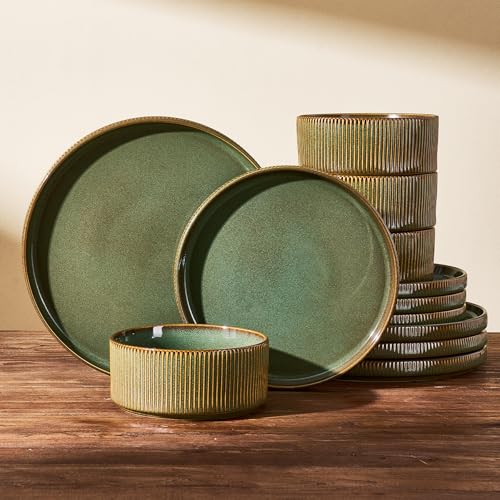 Stoneware Dinnerware Set for 4, Reactive Glaze, Moss Green | 12 pcs Ceramic Plates and Bowls, Handmade Ribbed Dishes, Everyday Use, Microwave & Dishwasher Safe, Chip & Scratch Resistant - color: Moss Green, size: Service for 4 (12pc)