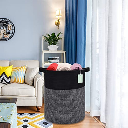 Cotton Rope Blanket Basket, 72L Tall Laundry Hamper, Black & Gray | 16"x 22", Large Collapsible Woven Nursery Hamper with Sturdy Handles for Clothes Toys Towels, Bedroom Living Room Bathroom - color: Black & Gray, size: 72L (16"x22")