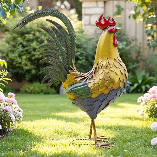 32 in Metal Rooster Statue, Farmhouse Yard & Garden Decor | Hand-painted Metal Finish, Oversized, Chicken Decor for Patio, Kitchen, Garden - color: 32"h-xl Rustic Yellow Rooster